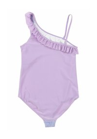 Costume da bagno lilla a spalla unica con un'accenno arricciato, realizzato in materiale morbido. Presenta una sola spallina e un taglio sul fondo.