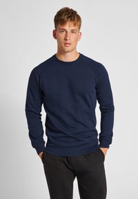 Navyblauwe katoenen sweatshirt met lange mouwen en een ronde hals. Heeft raglanmouwen en een geribbelde manchetten- en zoomontwerp.