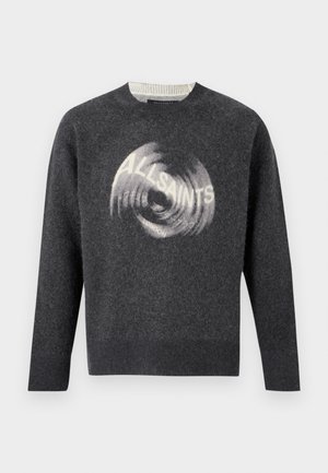 Pull à col rond gris foncé avec logo circulaire blanc flou "ALLSAINTS" sur le devant et détails côtelés au col et aux poignets.