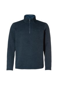 Pulover din fleece de culoare albastru închis, cu fermoar pe un sfert. Țesătură texturată, guler înalt și un logo mic pe piept. Mâneci lungi și tiv drept.