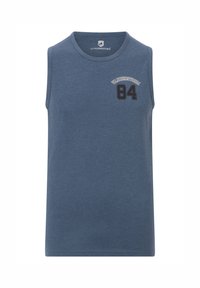Sleeveless blue cotton tank top with a round neck. Features a printed design with "VANDERSTORM" and the number "84" in contrasting black.