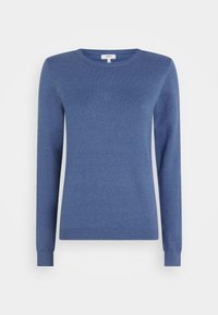 Modrý svetřík s dlouhým rukávem vyrobený z měkké pleteniny, s kulatým výstřihem a žebrovanými manžetami a lemem. Hladký povrch, bez vzorů.