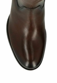 Bottillon en cuir marron avec une texture lisse et brillante. Il présente un bout rond et des détails de couture subtils près du bord supérieur.