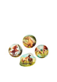 Vier farbenfrohe Aufnäher mit Pferdemotiven, die ein sich aufbäumendes Pferd, ein galoppierendes Pferd, zwei Pferde, die sich aneinander schmiegen, und zwei nebeneinander stehende Pferde zeigen.