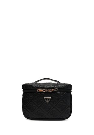 Black quilted cosmetic bag with embossed logo pattern, top handle, zipper closure, and gold-tone Guess brand triangle plaque on front.