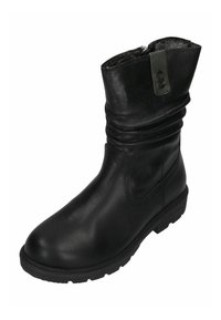 Černé kožené kotníkové boty s volným designem, zipem a texturovaným povrchem. Mají pevnou podešev s hrubým vzorkem a látkovou podšívku.