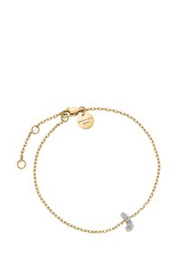 Gold chain bracelet featuring a sleek design, with a silver accent set with clear crystals. Includes a clasp and brand tag.