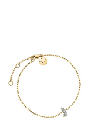 Złota bransoletka łańcuszkowa o eleganckim wzornictwie, z srebrnym akcentem ozdobionym przezroczystymi kryształami. Zawiera zapięcie oraz metkę marki.