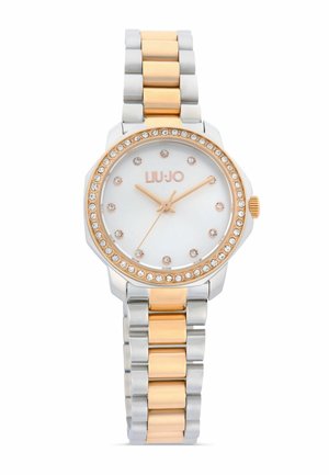 Orologio rotondo bicolore in metallo con indici orari in cristallo e lunetta, quadrante bianco, lancette color oro rosa e bracciale a maglie argento e oro rosa.