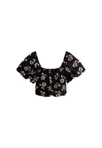 Zwarte crop top met pofmouwen, voorzien van een bloemmotief in lichtroze. Gemaakt van zachte stof, met een wijde halslijn en een elastische zoom.