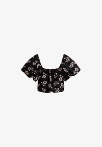 Top corto negro con mangas abullonadas, presenta un patrón floral en rosa claro. Hecho de una tela suave con un escote amplio y dobladillo elástico.