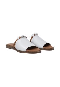 White leather slide sandals with open toe and brown accents. Features a decorative strap with clear beads and a flat rubber sole.