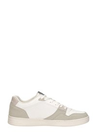 Low-top sneaker in white and light gray with lace-up closure and rubber sole, shown in profile on a white background.