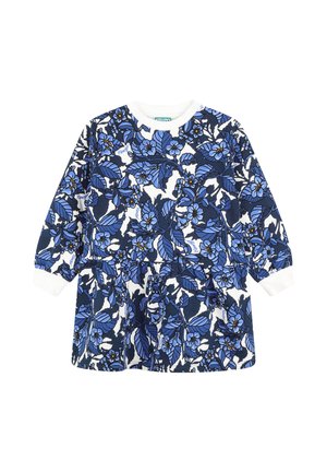 Robe à manches longues en blanc avec des motifs floraux et de feuilles bleus. Dotée d'un col rond et d'une taille élastique. Texture de tissu douce.