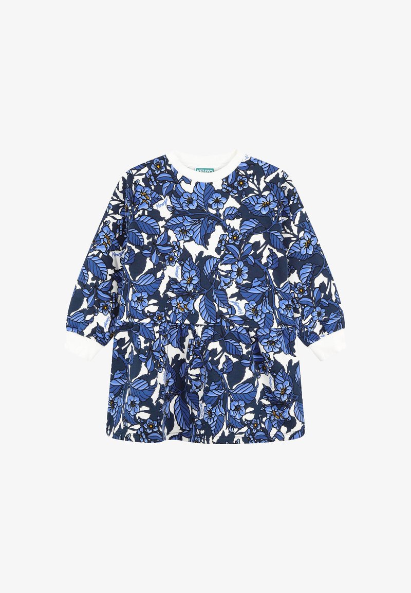 Robe à manches longues en blanc avec des motifs floraux et de feuilles bleus. Dotée d'un col rond et d'une taille élastique. Texture de tissu douce.