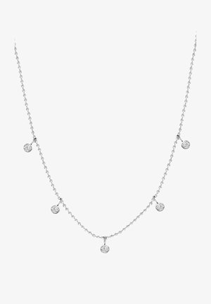 Silberne Halskette mit fünf kleinen, runden, klaren Kristallanhängern, die gleichmäßig entlang der Kette verteilt sind. Einfaches, elegantes Design.
