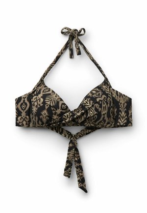 Sort og beige mønstret bikini top med halterneck snører og lukkemekanisme foran, med et abstrakt, stamme-inspireret design.