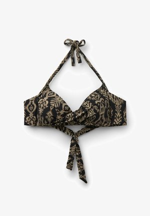 Schwarz-beiges Bikini-Top mit Muster, Neckholder und vorderer Schnürung, mit abstraktem tribal-inspiriertem Design.
