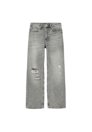 Grijze denim jeans met wijde pijpen en een vervaagde afwerking, voorzien van distressed accenten en een klassiek ontwerp met vijf zakken. Sluiting met knopen en rits.