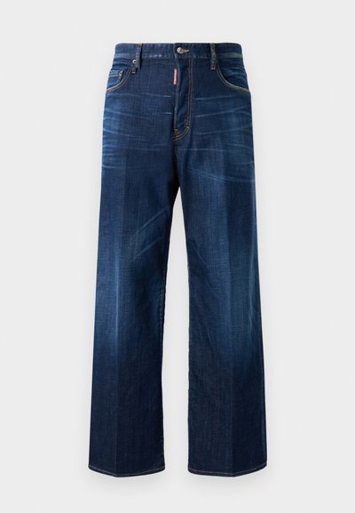 Tummansinisiä farkkuhousuja, joissa on rento leikkaus, leveät lahkeet ja hieno haalistuma. Ominaisuuksiin kuuluu ommeltu yksityiskohtaisuus ja merkkilogo vyötärönauhas.