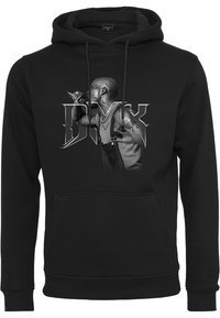Zwarte hoodie met een vooraanzicht van een performer, met de tekst "DMX" in gestileerd lettertype. Het materiaal lijkt zacht; inclusief een buidelzak.