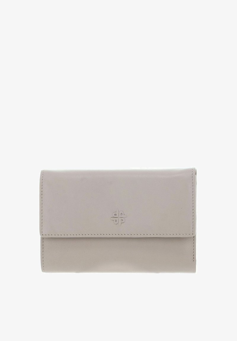 Portefeuille en cuir gris clair avec une texture lisse, de forme rectangulaire et une bordure cousue. Présente un logo discrètement embossé à l'avant.
