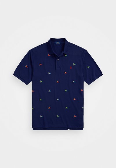 Navy polo shirt with short sleeves, featuring multicolored embroidered flags throughout and a small logo on the chest. Cotton material.