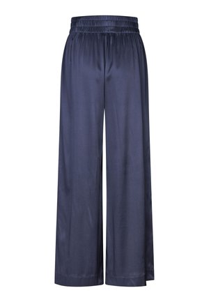 Wide-leg trousers in dark navy satin, featuring an elasticated waistband. Smooth texture, with a flowing design and tailored hem.
