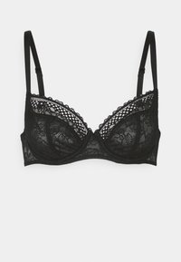 Sujetador de encaje negro con forma triangular, bordes ondulados detallados, tirantes ajustables y textura transparente. Cuenta con varillas para mayor soporte.