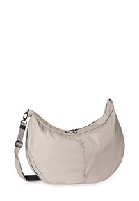 Beige, lässige Tasche aus weichem Material mit einer geschwungenen Form. Sie verfügt über einen Reißverschluss und einen verstellbaren Riemen mit schwarzen Hardware-Akzenten.