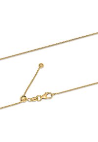 Goldene Halskette mit einem gedrehten Design, ausgestattet mit einem runden Verschluss und verstellbarer Länge. Glatte Textur und reflektierende Oberflächenbeschaffenheit.