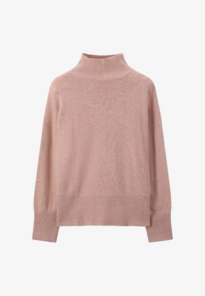 Roze coltrui gemaakt van zacht breimateriaal, met een geribde hals en manchetten, in een losse pasvorm en met een drop shoulder-ontwerp.