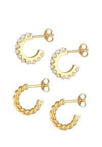 Guldøreringe med en snoet design og en sæt med perle-accenter. Begge par har en post-back for sikker bæring.