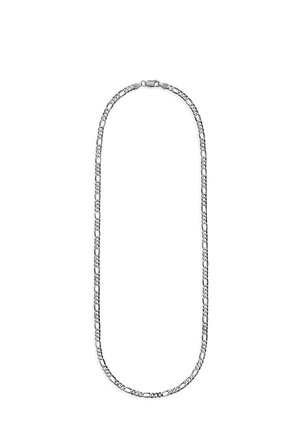 Silberne Halskette mit gemustertem Glied-Design und Karabinerverschluss auf weißem Hintergrund.