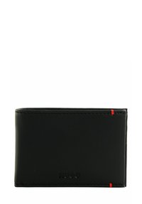 Portefeuille en cuir noir avec couture d'accent rouge, forme rectangulaire, texture lisse, et logo embossé sur le devant.