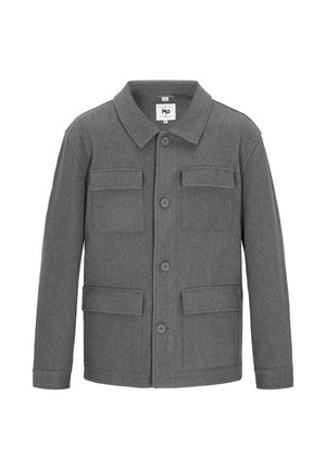 Meeste hall villane jakk nööpidega esiosas, nelja taskuga ja klassikalise kraega.