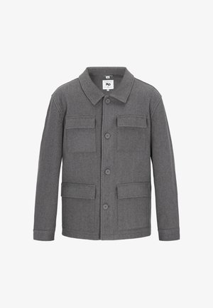 Meeste hall villane jakk nööpidega esiosas, nelja taskuga ja klassikalise kraega.