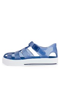 Blue translucent plastic sandals with an open design, featuring flat straps, a side buckle, and a white sole with a textured pattern.