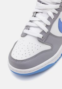 Grå og hvite sneakers med perforert tå, flate hvite snørebånd, blå Nike-swoosh og teksturert blå såle. Glatt skinn og syntetiske materialer.