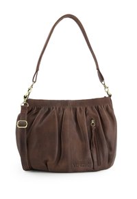 Brown leather shoulder bag with a pleated design, adjustable strap, and a zippered pocket. Features a subtle logo at the front.
