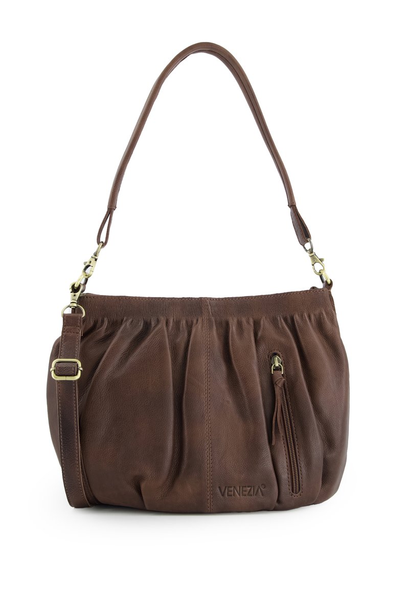 Brown leather shoulder bag with a pleated design, adjustable strap, and a zippered pocket. Features a subtle logo at the front.