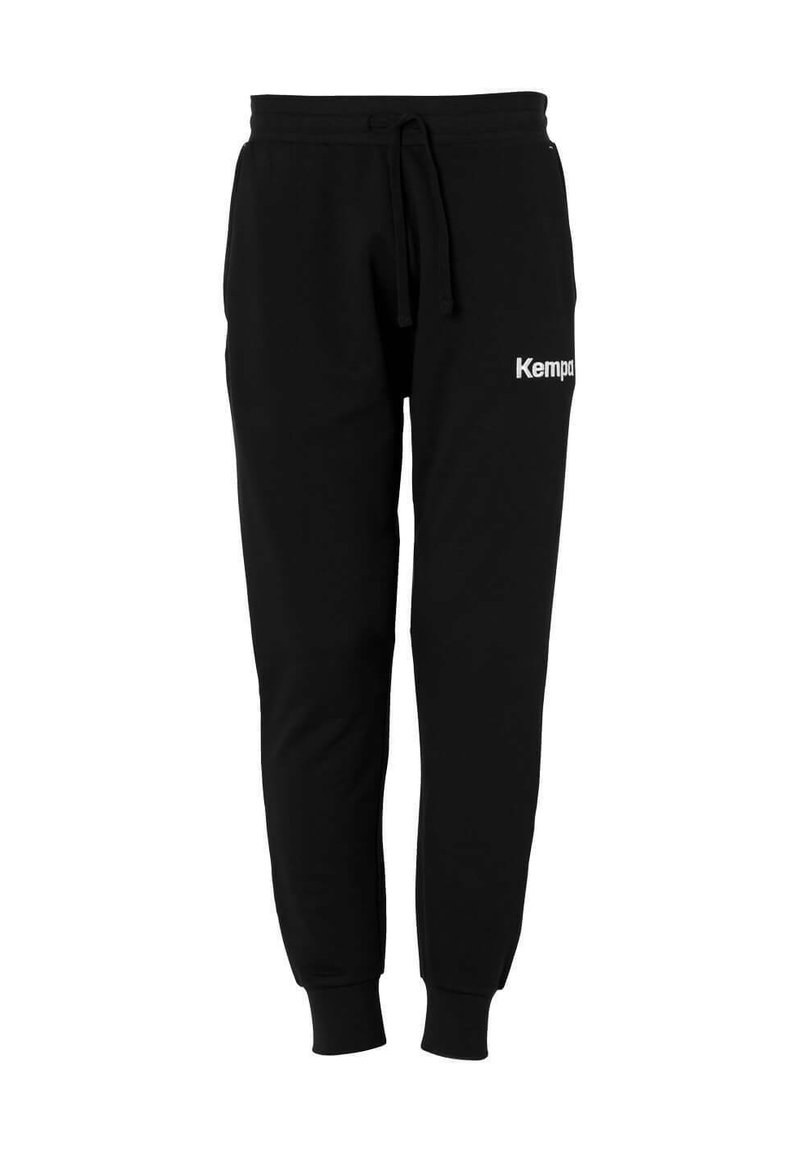 Sorte sweatpants lavet af blødt stof, med snor i taljen, tapered ben og et hvidt "Kempa" logo på venstre side.