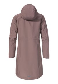Wasserdichter Mantel in sanftem Pink mit Kapuze und langen Ärmeln. Besitzt eine taillierte Taille und Druckknopfverschlüsse an den Ärmelsäumen. Weiche Textur.