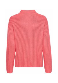 Roze gebreide trui met ribstructuur, hoog gesloten kraag en lange mouwen, met een losse pasvorm en een gestructureerd patroon overal.