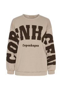 Beige sweatshirt med stor mörkbrun textdesign "COPENHAGEN". Har crew-neck och ribbstickade muddar och fåll. Mjukt material.