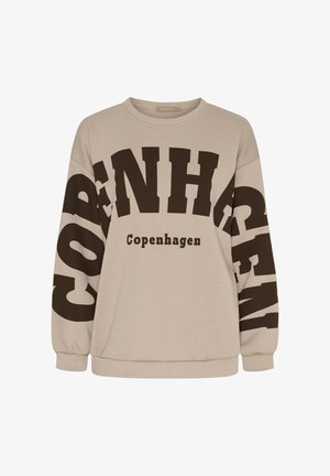 Beige sweatshirt med stort mørkebrunt tekstdesign "COPENHAGEN". Har rund halsudskæring og ribstrikkede manchetter og kant. Blødt materiale.