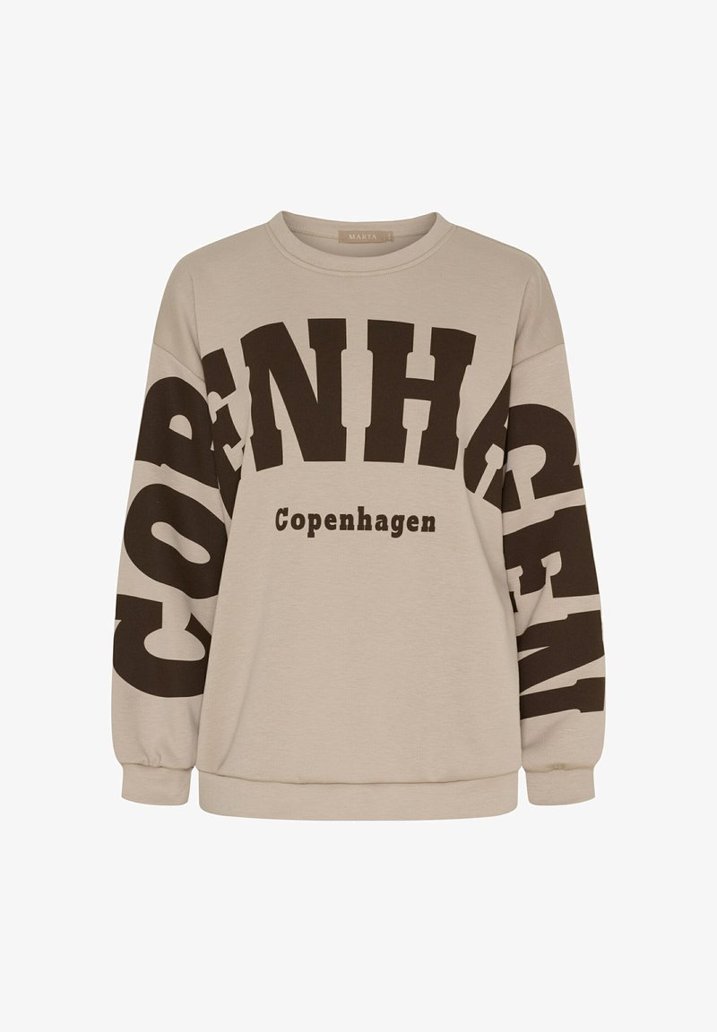 Beige sweatshirt med stor mörkbrun textdesign "COPENHAGEN". Har crew-neck och ribbstickade muddar och fåll. Mjukt material.