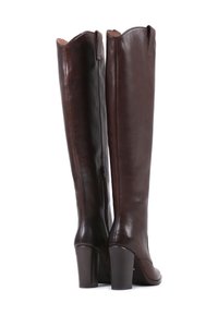 Bottes en cuir marron jusqu'au genou au design épuré, dotées d'une fermeture éclair latérale et d'un talon empilé. Texture lisse avec un léger éclat.