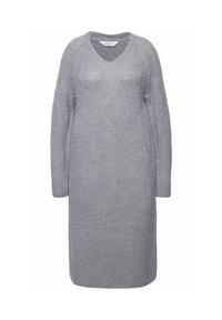 Robe tricotée grise avec un décolleté en V et des manches longues. Le tissu a une finition texturée, offrant chaleur et confort dans une coupe décontractée.