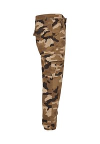 Brown and tan camouflage cargo pants with side and thigh flap pockets, elastic cuffs, and belt loops, shown from the side.